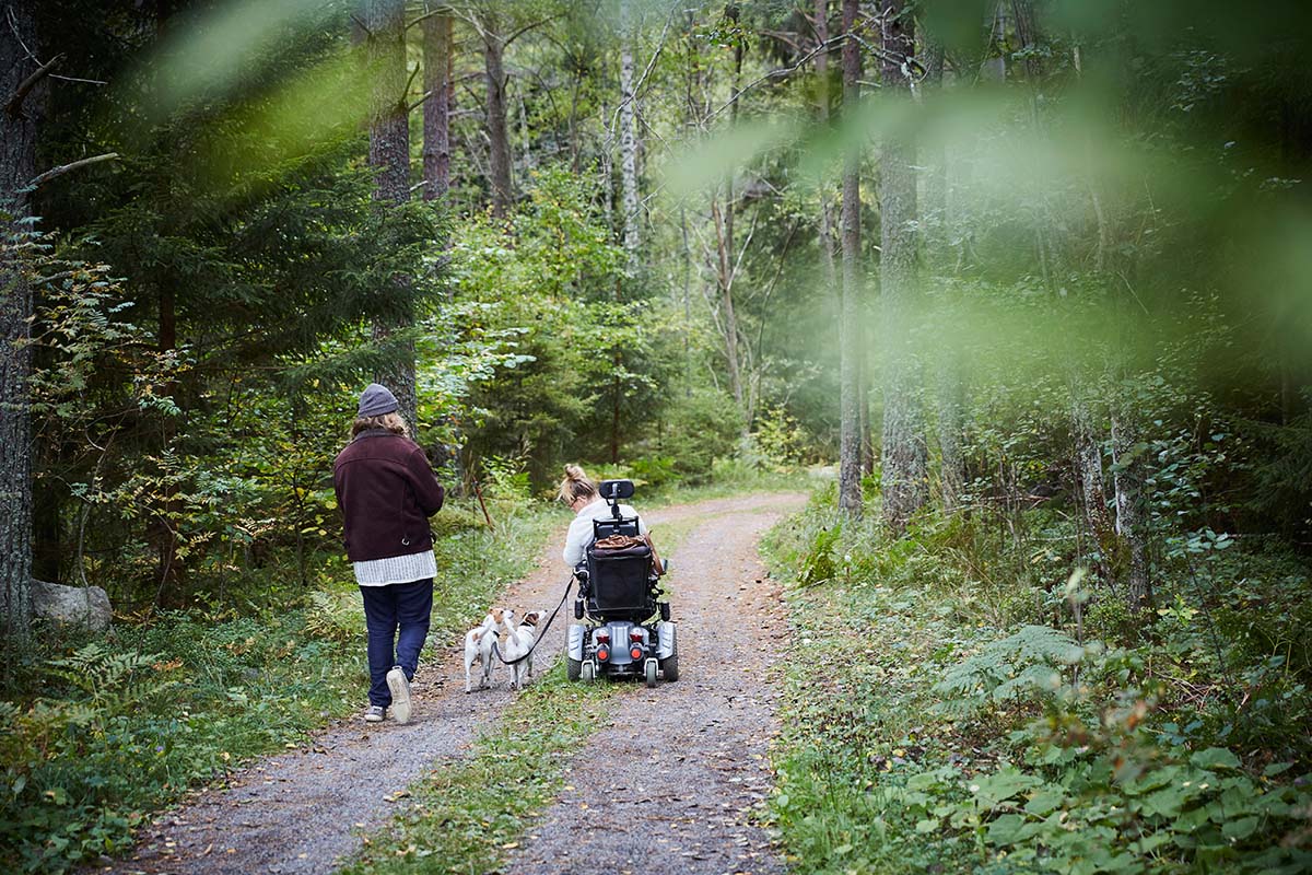 En kvinna i rullstol ute på en promenad i skogen med sin assistent och två hundar