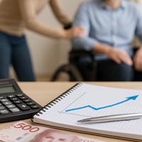 Ett block med en pil ritad uppåt och en assistant och kund i bakgrunden