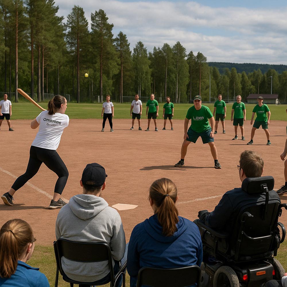 Två lag som spelar brännboll med åskådare i förgrunden